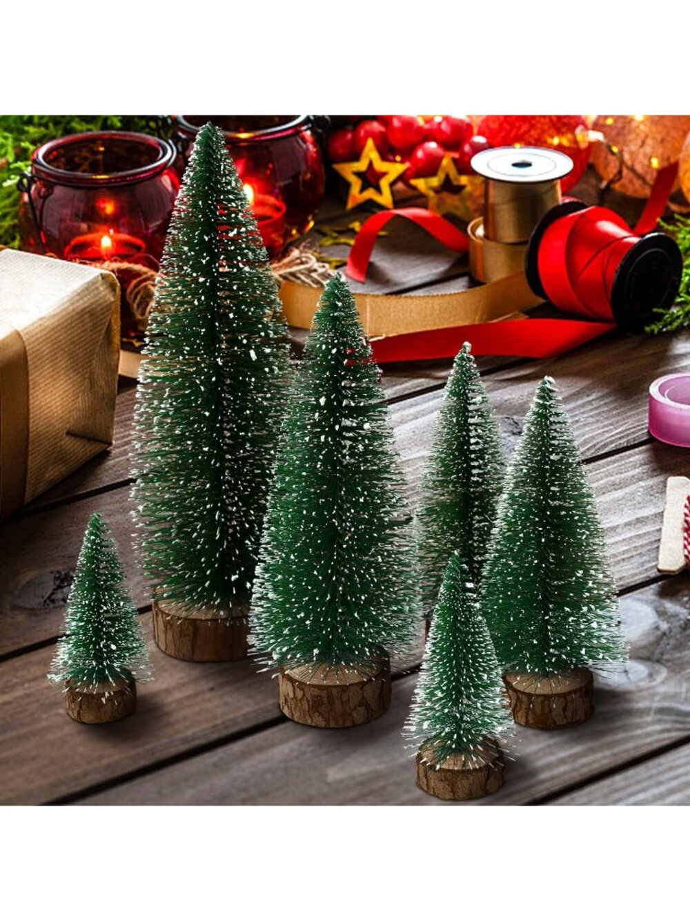 New 6pcs Mini Christmas Trees, Artificial Bottle Brush Tabletop Holiday Decor